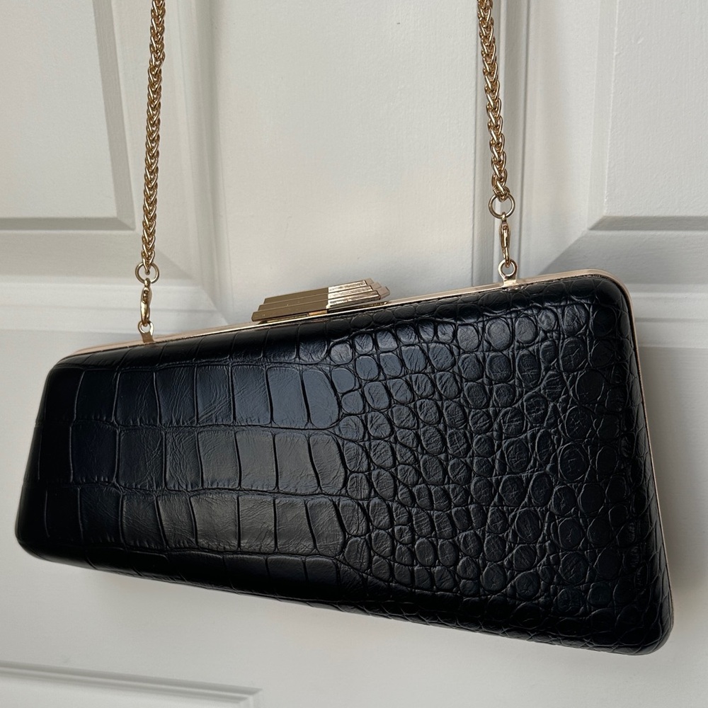 Black Croc-Embossed Chain Shoulder Bag
